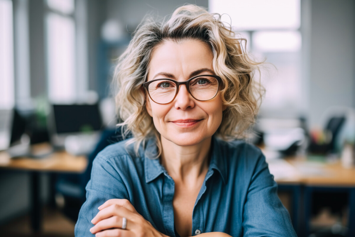 Beautiful middle-aged financial business woman, wearing glasses, with gray hair in a blue blouse, looks at the camera and smiles, sitting in a modern office, workspace. AI generated